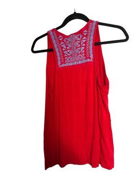 Gibson Womens Sleeveless Red Tank Top With Blue Embroidered Back Yoke Design Siz